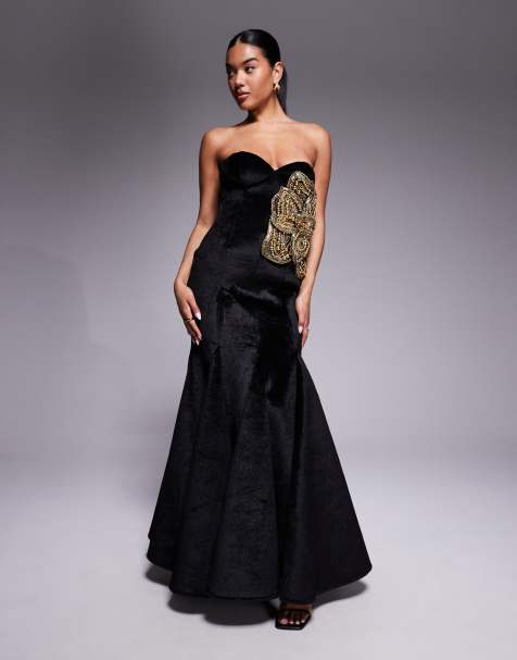 ASOS DESIGN structured velvet godet maxi dress with gold floral embellishment in black