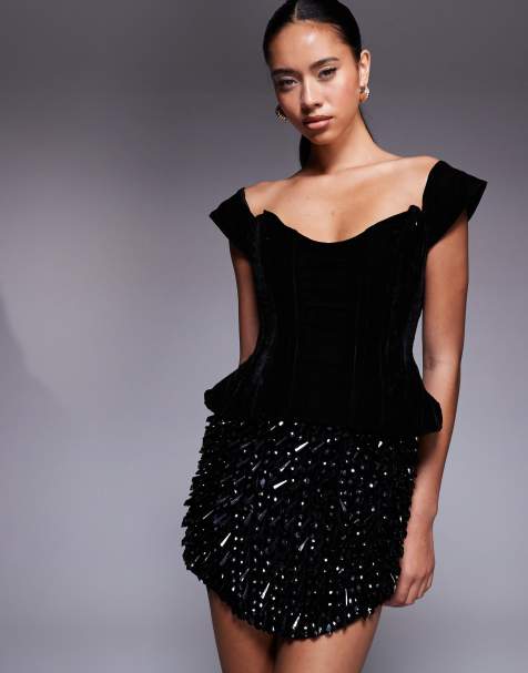 ASOS DESIGN velvet corset fallen shoulder mini dress with embellished skirt in black