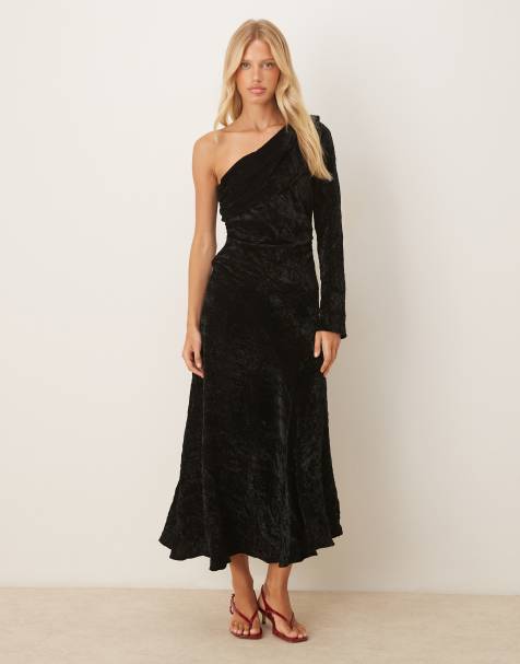 ASOS DESIGN – Czarna aksamitna sukienka maxi z asymetrycznym, drapowanym dekoltem - view 1