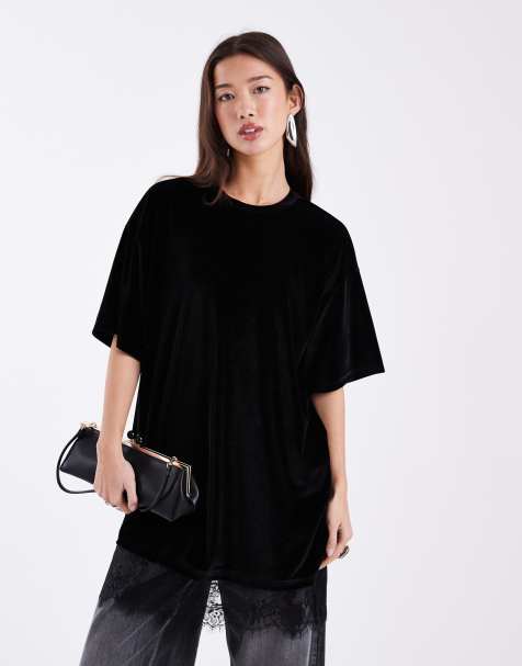 ASOS DESIGN – Czarna aksamitna sukienka T-shirtowa z koronkowym wykończeniem - view 1