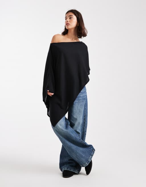 ASOS DESIGN – Czarna asymetryczna peleryna na jedno ramię z półprześwitującego materiału imitującego dzianinę