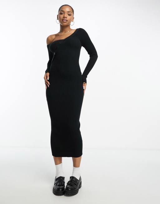 ASOS DESIGN – Czarna asymetryczna sukienka dzianinowa maxi z zapięciem na guziki
