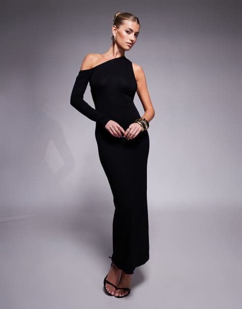 ASOS DESIGN – Czarna, asymetryczna sukienka midi z długim rękawem i drapowaniem z ozdobnym wykończeniem z tyłu - view 1