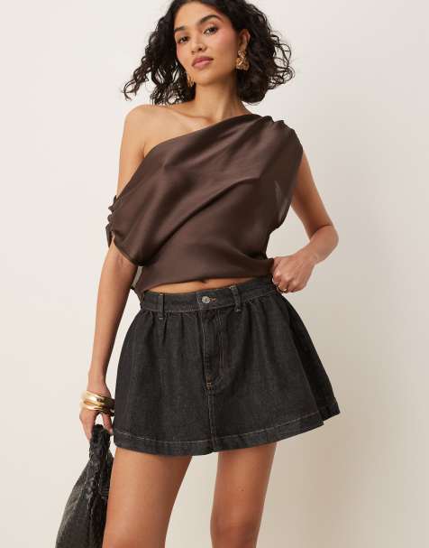 ASOS DESIGN gathered denim micro skirt in black