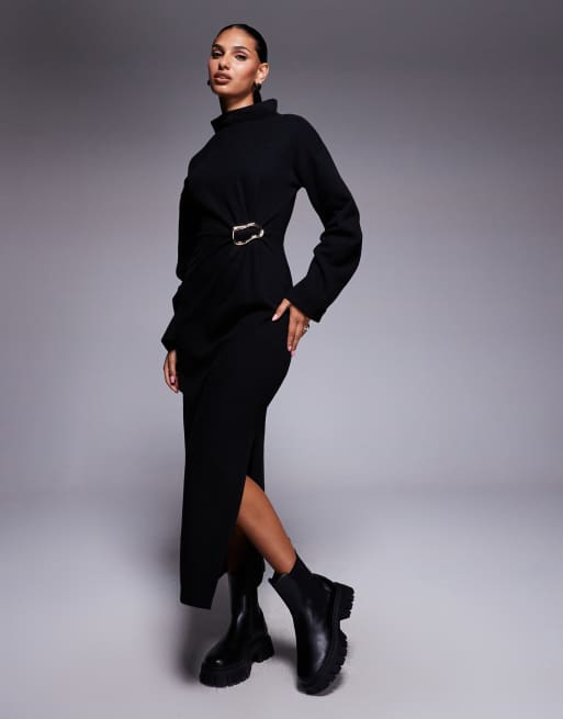 ASOS DESIGN – Czarna bardzo miękka sukienka maxi z zabudowanym dekoltem i metalową ozdobą