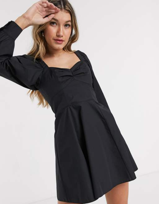 ASOS DESIGN – Czarna bawełniana sukienka skater mini z bufkami z dekoltem w kształcie serca