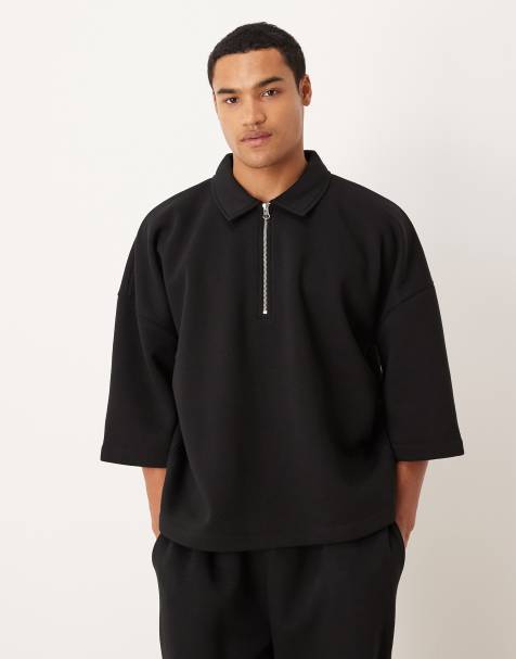 ASOS DESIGN – Czarna bluza oversize z rękawami do łokci i zapięciem na suwak pod szyją - view 1