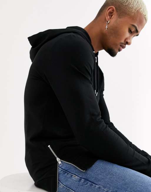 ASOS DESIGN – Czarna bluza z kapturem o kroju podkreślającym sylwetkę ze srebrnymi zamkami z boku