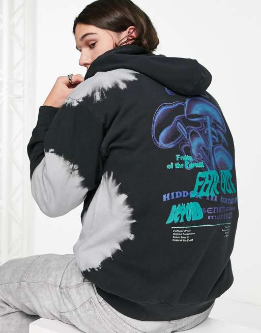 ASOS DESIGN – Czarna bluza z kapturem oversize z efektem wybielenia i nadrukiem z grzybami