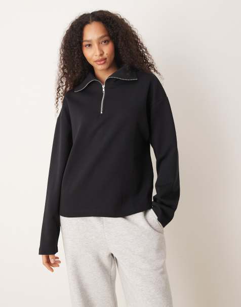 ASOS DESIGN interlock half zip sweatshirt in black