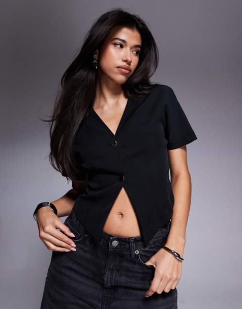 ASOS DESIGN – Czarna bluzka z krótkim rękawem i guzikami - view 1
