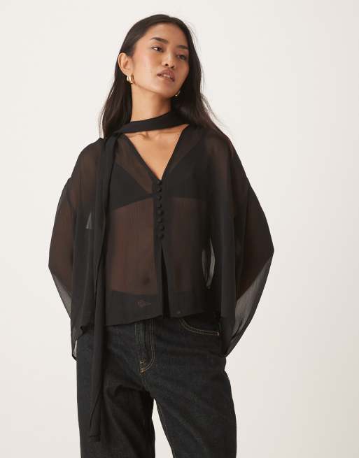 ASOS DESIGN – Czarna bluzka z zapięciem na guziki z przodu i ozdobnym szalikiem