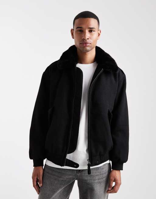 ASOS DESIGN – Czarna bomberka z imitacji wełny z kołnierzem ze sztucznego futra