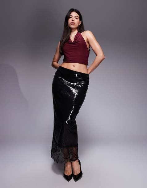 ASOS DESIGN – Czarna cekinowa spódnica kolumnowa ze średnim stanem i koronkowym wykończeniem - view 1