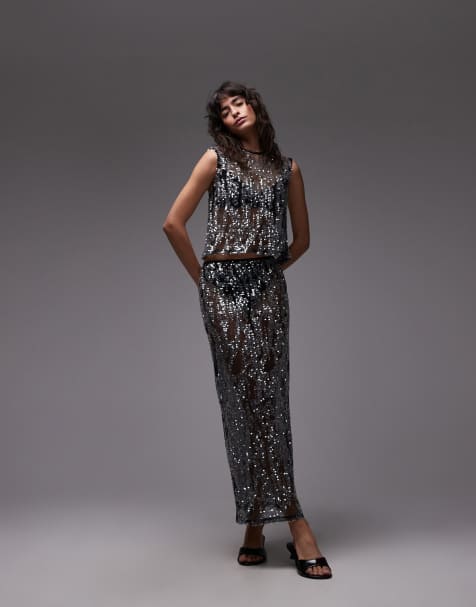 ASOS DESIGN – Czarna cekinowa spódnica maxi z prześwitującej siateczki - view 1