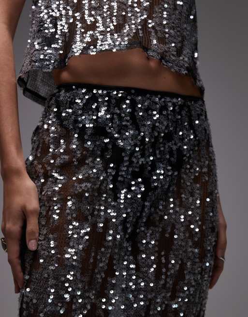 ASOS DESIGN – Czarna cekinowa spódnica maxi z prześwitującej siateczki, 3 z 5