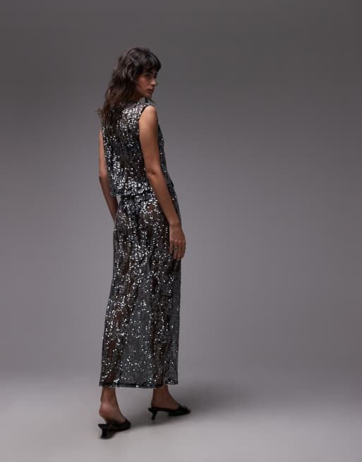 ASOS DESIGN – Czarna cekinowa spódnica maxi z prześwitującej siateczki, 4 z 5