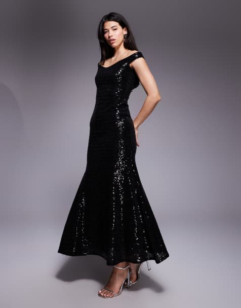 ASOS DESIGN – Czarna cekinowa sukienka maxi z dekoltem bardot - view 1