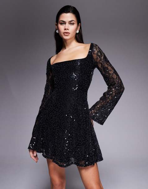 ASOS DESIGN – Czarna cekinowa sukienka mini z dekoltem karo i rozkloszowanymi rękawami - view 1