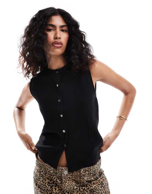 ASOS DESIGN – Czarna dopasowana kamizelka dzianinowa o wydłużonym fasonie z ozdobnymi przeszyciami