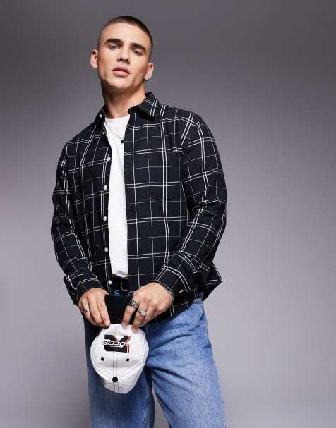 ASOS DESIGN – Czarna dopasowana koszula ze stretchem we wzór w szeroką kratę - view 1