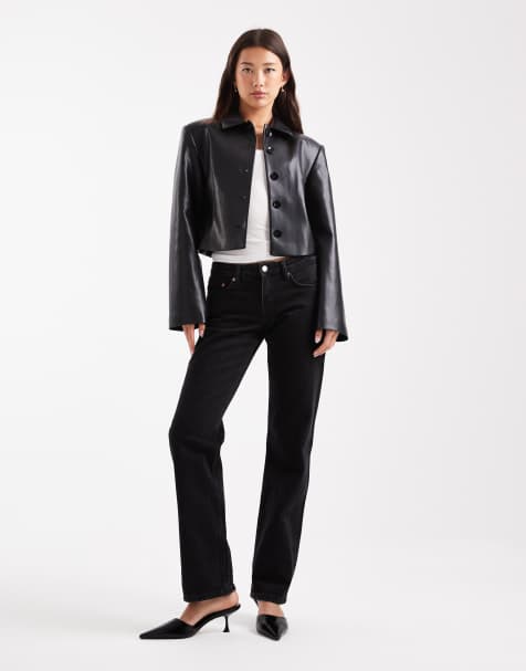 ASOS DESIGN faux leather collared fitted jacket co ord in black