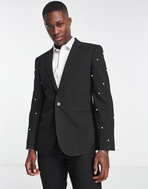 ASOS DESIGN – Czarna dopasowana marynarka garniturowa o wydłużonym fasonie zdobiona perełkami