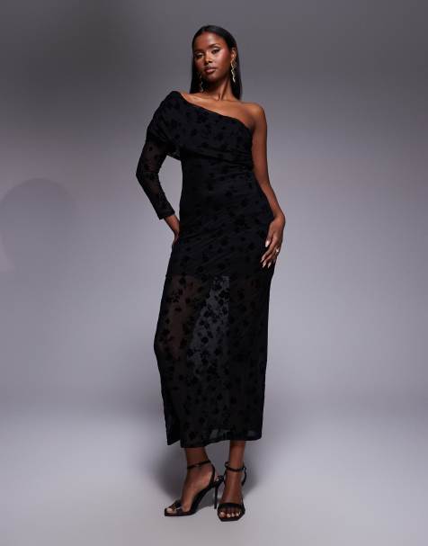 ASOS DESIGN – Czarna długa sukienka maxi z siateczki z flokowym nadrukiem w kwiaty, marszczeniem i odsłoniętym ramieniem - view 1