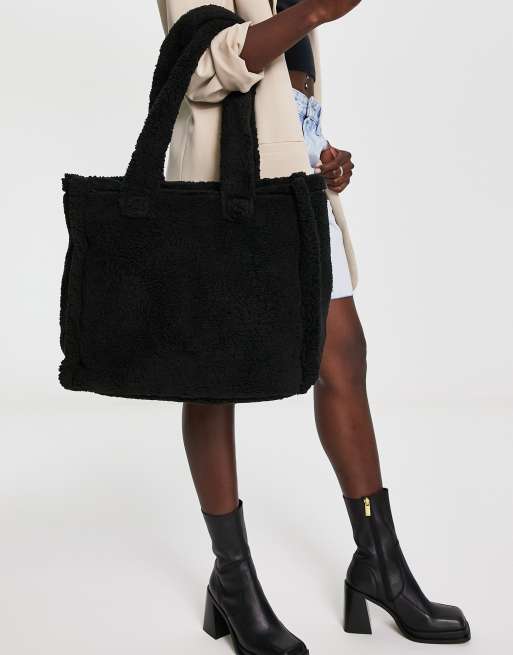ASOS DESIGN – Czarna duża torba typu tote z kożuszka – BLACK, 2 z 4