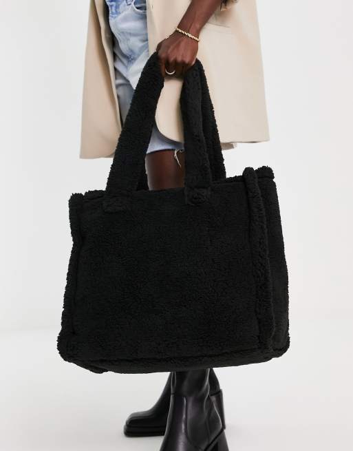 ASOS DESIGN – Czarna duża torba typu tote z kożuszka – BLACK, 4 z 4