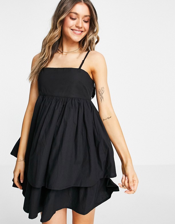  Cena ASOS DESIGN – Czarna, dwuwarstwowa, letnia sukienka mini z dekoltem bandeau i wiązaniem na plecach Black