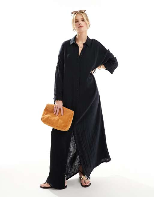 ASOS DESIGN – Czarna dwuwarstwowa sukienka koszulowa maxi