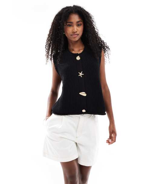 ASOS DESIGN knitted boxy waistcoat with multi shell buttons in black