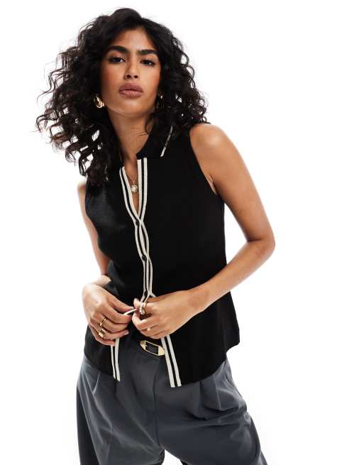 ASOS DESIGN – Czarna dzianinowa kamizelka z kołnierzykiem i kontrastowymi lamówkami