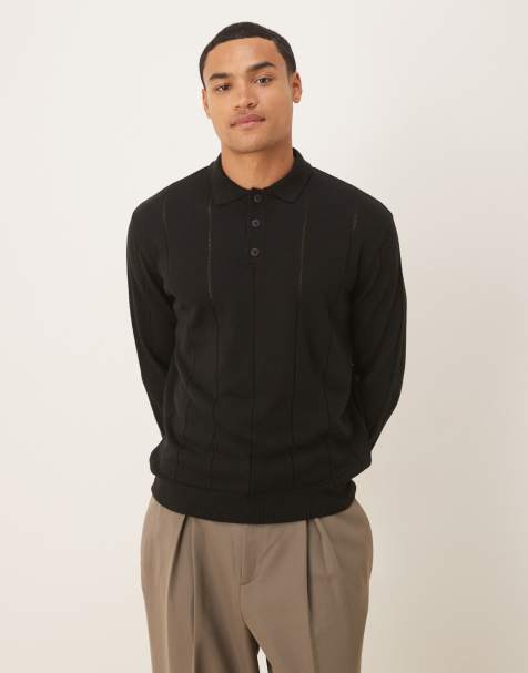 ASOS DESIGN – Czarna dzianinowa koszulka polo o luźnym kroju w paski - view 1
