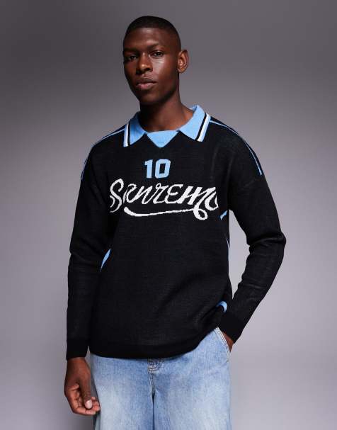 ASOS DESIGN – Czarna dzianinowa koszulka polo o luźnym kroju z długimi rękawami i sportową grafiką - view 1