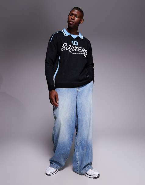 ASOS DESIGN relaxed knitted long sleeve polo with sport graphic in black