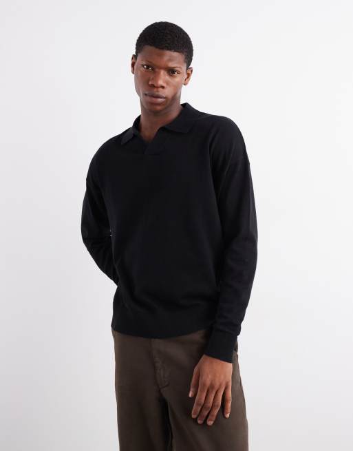 ASOS DESIGN – Czarna dzianinowa koszulka polo o luźnym kroju z długimi rękawami i wycięciem przy dekolcie