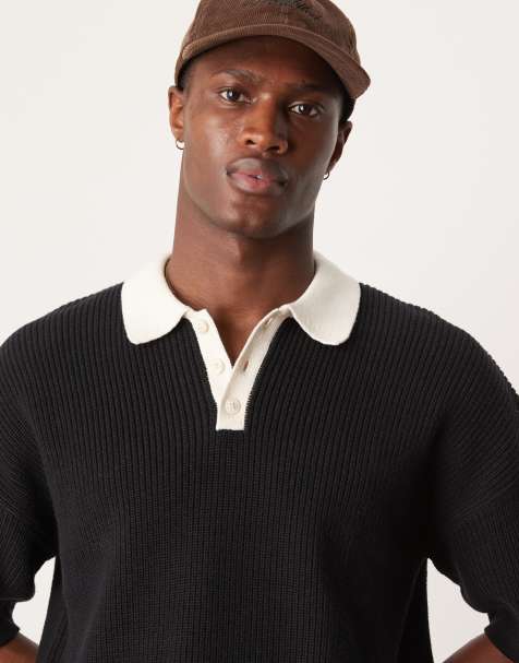 ASOS DESIGN – Czarna dzianinowa koszulka polo o luźnym kroju z rękawami o długości 3/4 - view 1
