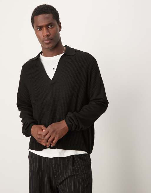 ASOS DESIGN – Czarna dzianinowa koszulka polo oversize o pudełkowym kroju z długim rękawem