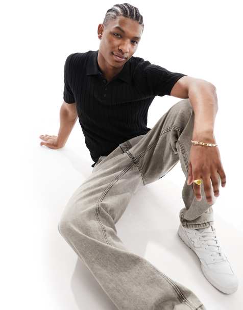 ASOS DESIGN knitted muscle fit rib polo t-shirt in black