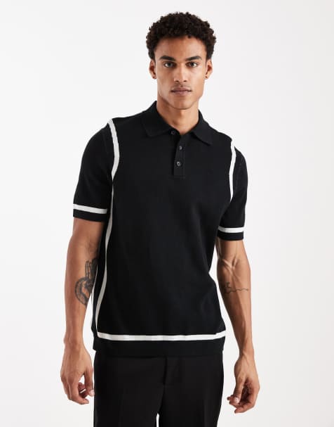 ASOS DESIGN – Czarna dzianinowa koszulka polo ze wstawkami w kolorze ecru - view 1