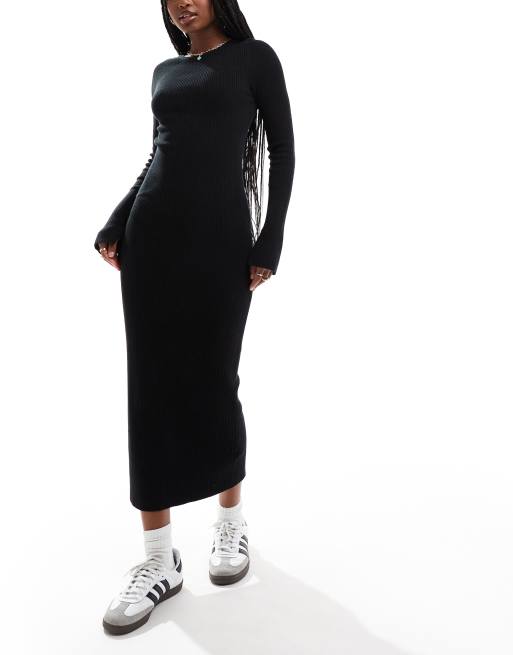 ASOS DESIGN – Czarna dzianinowa sukienka midaxi z okrągłym dekoltem i wiązaniem przy mankietach