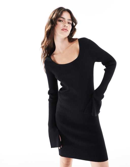 ASOS DESIGN – Czarna dzianinowa sukienka mini z dekoltem U i wiązaniem