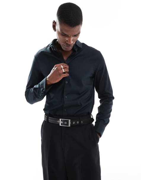ASOS DESIGN formal easy iron slim twill shirt with cuff detail in black
