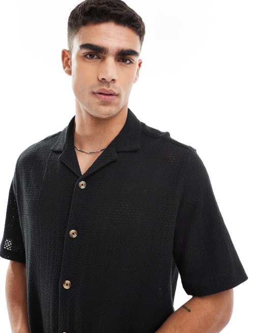 ASOS DESIGN – Czarna fakturowana koszula o luźnym kroju z kołnierzykiem kubańskim