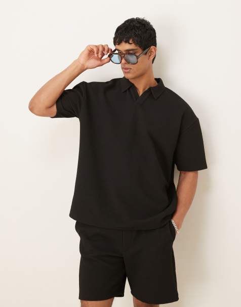 ASOS DESIGN co-ord oversized heavyweight  textured polo in black