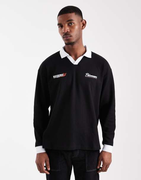 ASOS DESIGN heavyweight relaxed long sleeve polo with text graphic in black waffle