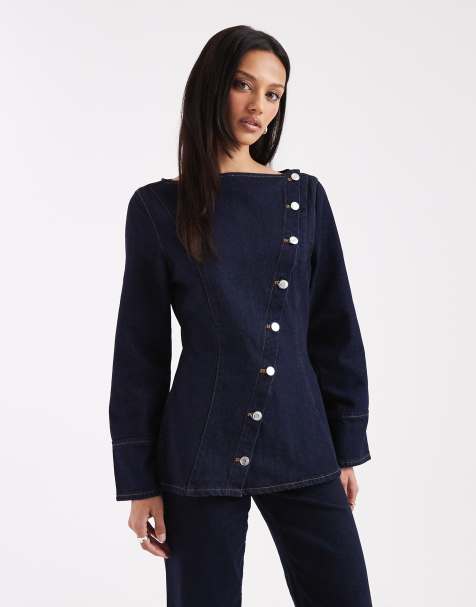 ASOS DESIGN – Czarna jeansowa koszula z asymetrycznym zapięciem - view 1