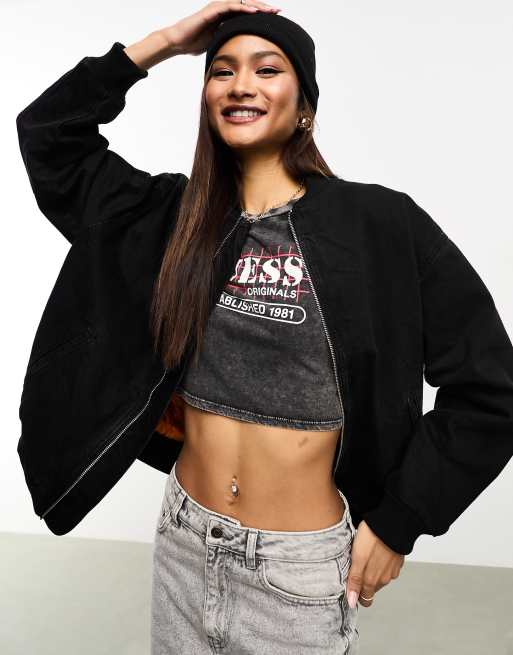 ASOS DESIGN – Czarna jeansowa kurtka bomberka z pomarańczową podszewką 